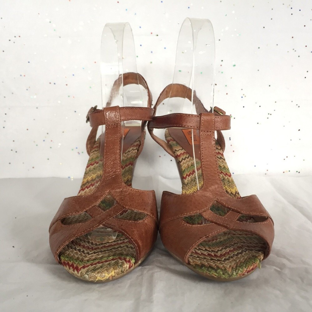 Miz Mooz Tan LeatherT strap Retro Cone Heel Sandal Fun Zig Zag insole - Size 8 - Picture 4 of 11